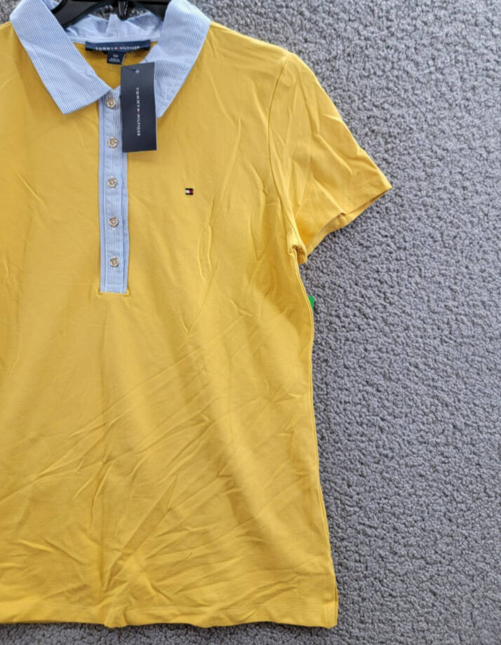 Tommy Hilfiger Striped-Collar Polo Shirt Women's S Deep Maize Short Sleeve