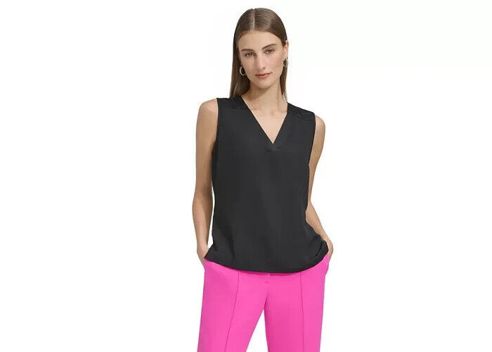 DKNY Sleeveless Plain V-Neck Blouse Women's XS Black Solid Pullover