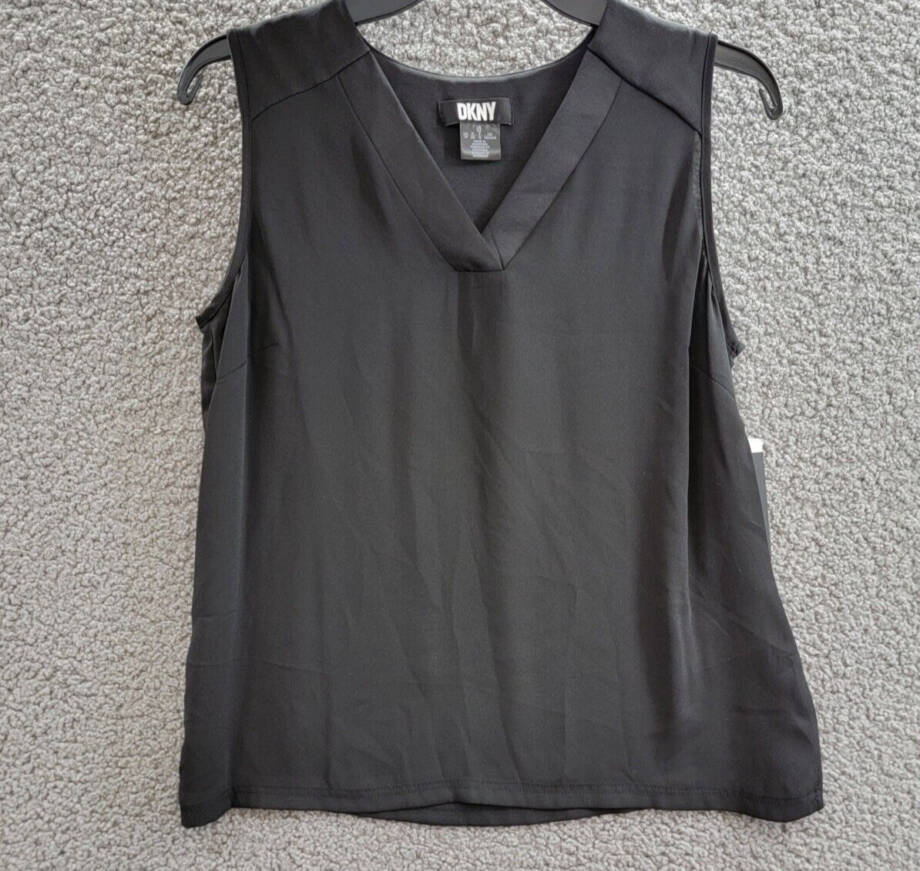 DKNY Sleeveless Plain V-Neck Blouse Women's XS Black Solid Pullover