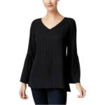 Style & Co. Petite Metallic Texture Pullover Blouse Women's PS Black V-Neck L/S