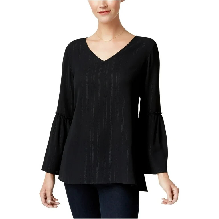 Style & Co. Petite Metallic Texture Pullover Blouse Women's PS Black V-Neck L/S