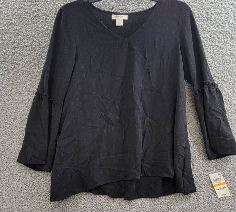 Style & Co. Petite Metallic Texture Pullover Blouse Women's PS Black V-Neck L/S
