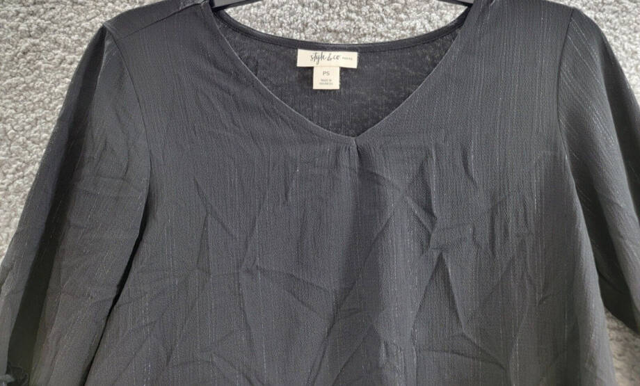 Style & Co. Petite Metallic Texture Pullover Blouse Women's PS Black V-Neck L/S