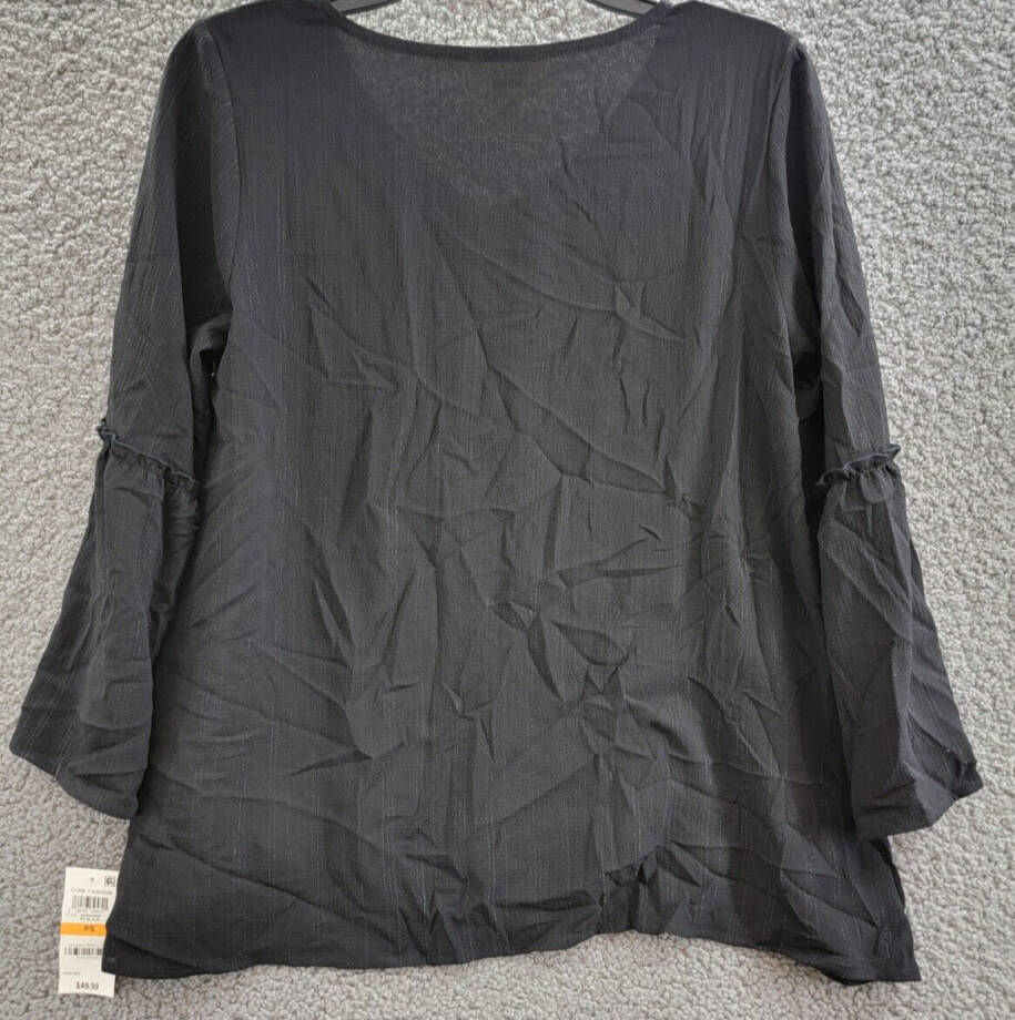 Style & Co. Petite Metallic Texture Pullover Blouse Women's PS Black V-Neck L/S