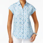Style & Co Short-Sleeve Printed Button Up Shirt Women's M Ride Dye Blue Collared