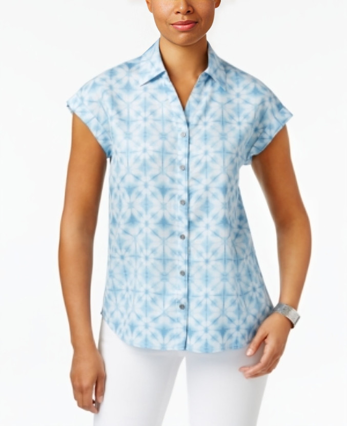 Style & Co Short-Sleeve Printed Button Up Shirt Women's M Ride Dye Blue Collared