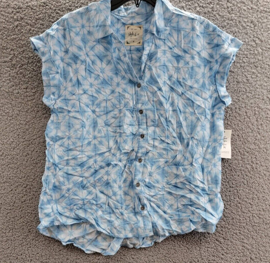 Style & Co Short-Sleeve Printed Button Up Shirt Women's M Ride Dye Blue Collared