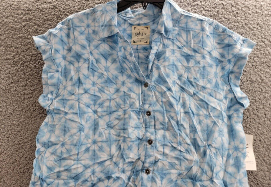 Style & Co Short-Sleeve Printed Button Up Shirt Women's M Ride Dye Blue Collared
