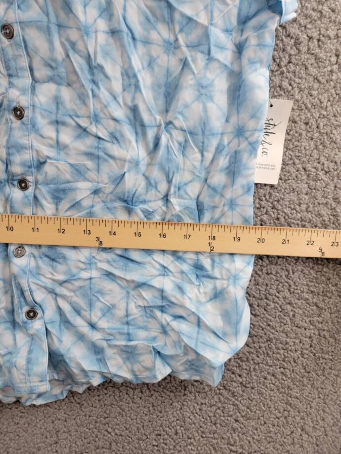 Style & Co Short-Sleeve Printed Button Up Shirt Women's M Ride Dye Blue Collared
