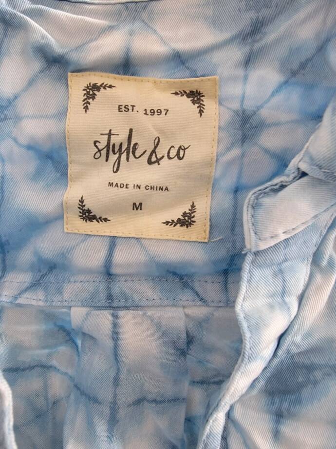 Style & Co Short-Sleeve Printed Button Up Shirt Women's M Ride Dye Blue Collared