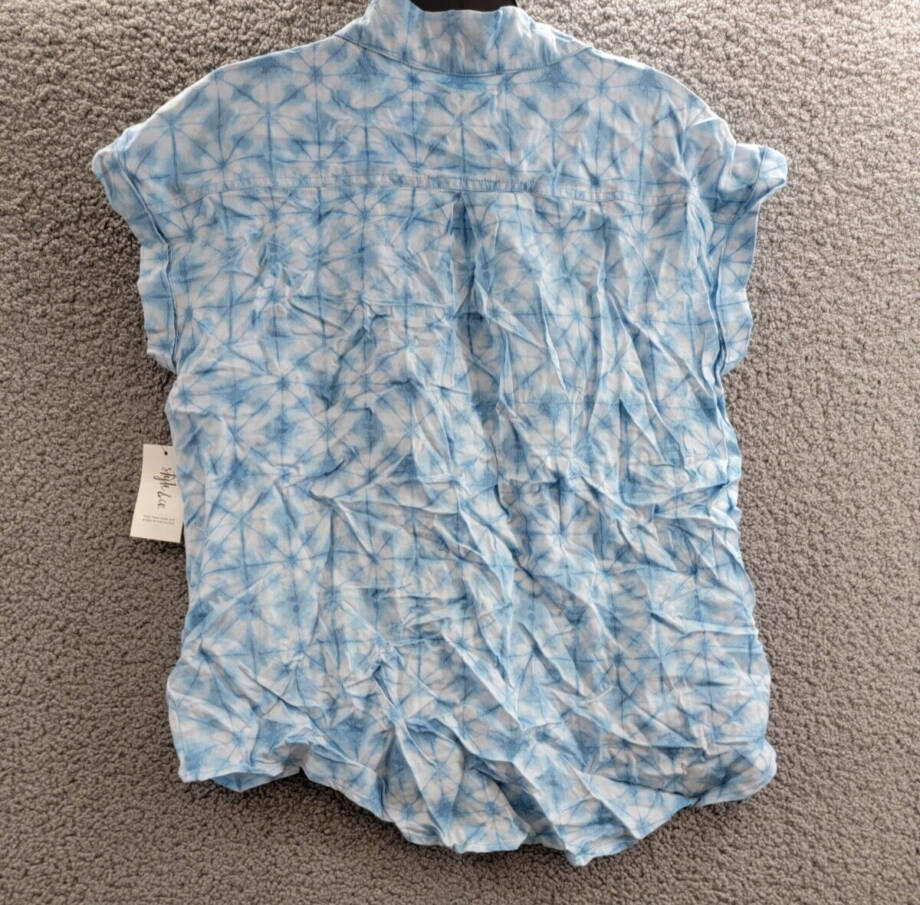 Style & Co Short-Sleeve Printed Button Up Shirt Women's M Ride Dye Blue Collared