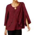NY Collection Keyhole Cape Blouse Women's S Pomegranate Scoop Neck Pullover L/S