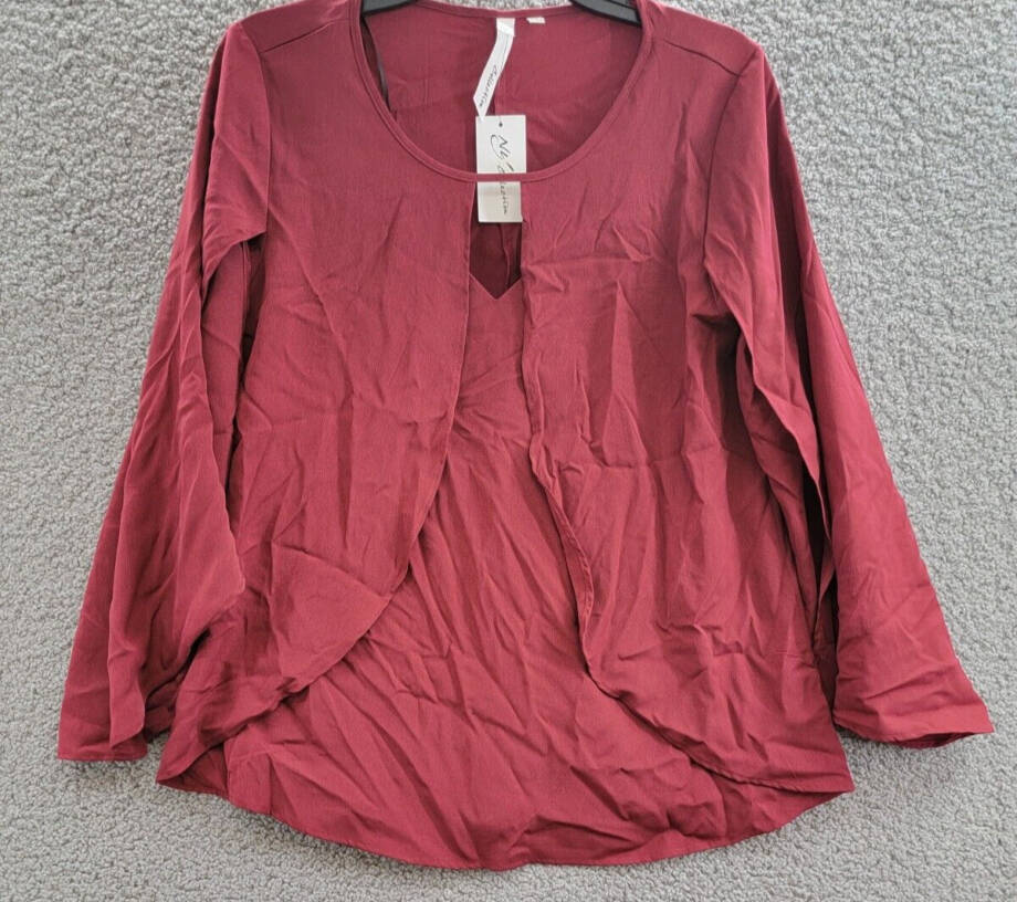 NY Collection Keyhole Cape Blouse Women's S Pomegranate Scoop Neck Pullover L/S