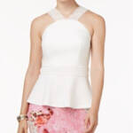 Thalia Sodi Eyelet-Trim Peplum Top Women's L Bright White Solid Halter Pullover