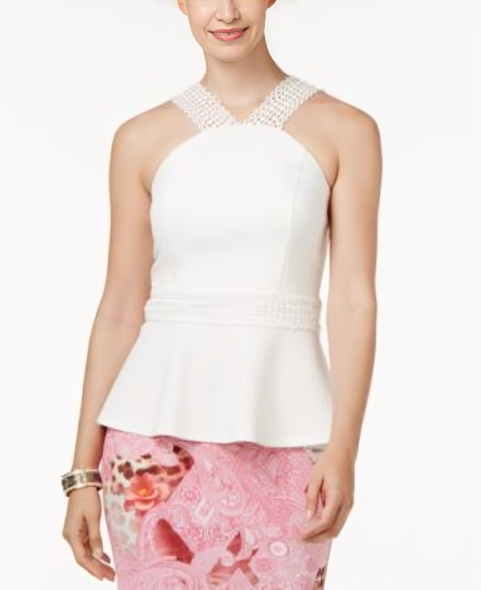 Thalia Sodi Eyelet-Trim Peplum Top Women's L Bright White Solid Halter Pullover