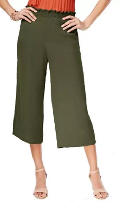 NY Collection Pull-On Culottes Pants Women's L Olive Wide Leg Elastic Waist
