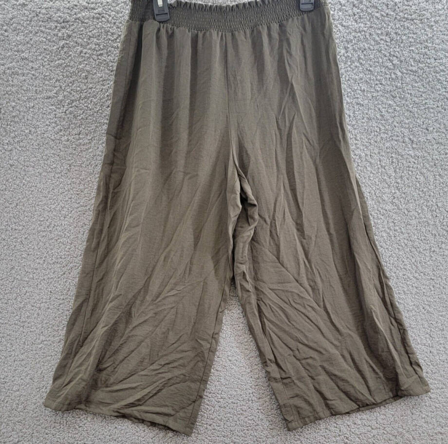 NY Collection Pull-On Culottes Pants Women's L Olive Wide Leg Elastic Waist
