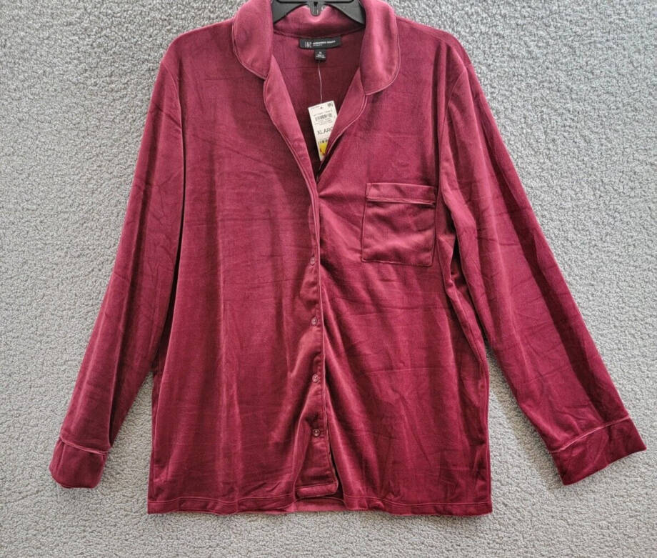 INC International Concepts Velour Notch Collar Pajama Shirt Women's XL Wine L/S
