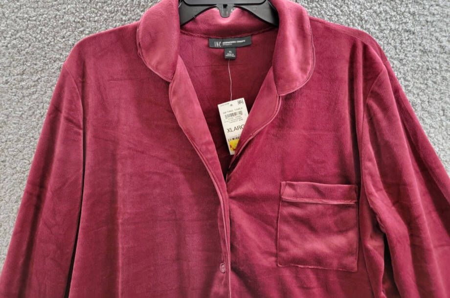 INC International Concepts Velour Notch Collar Pajama Shirt Women's XL Wine L/S