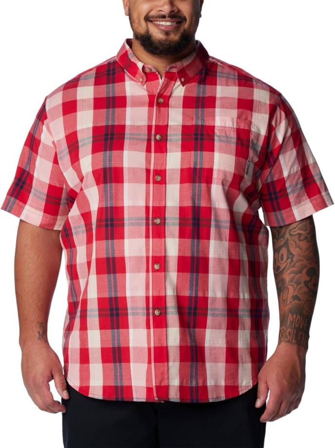 Columbia Rapid Rivers Short Sleeve Shirt Men's S Mountain Red Multi Plaid Button
