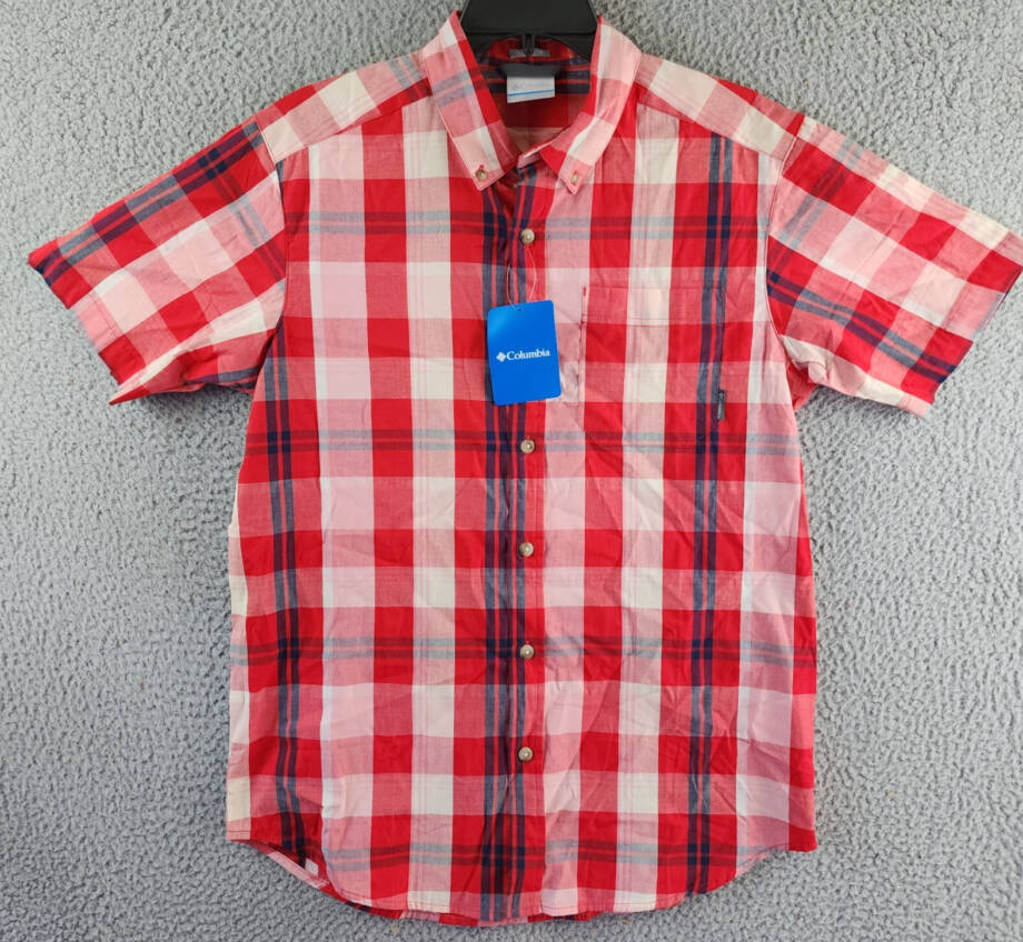Columbia Rapid Rivers Short Sleeve Shirt Men's S Mountain Red Multi Plaid Button