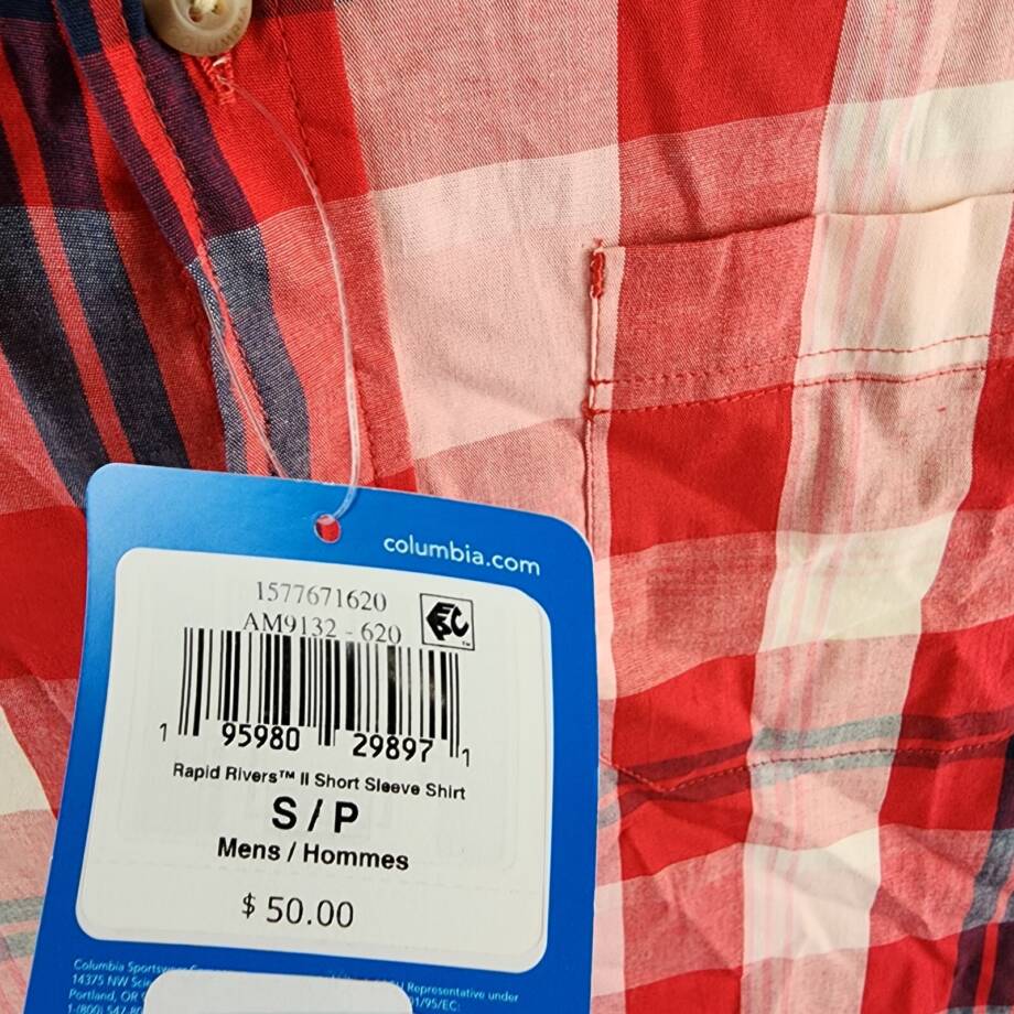 Columbia Rapid Rivers Short Sleeve Shirt Men's S Mountain Red Multi Plaid Button