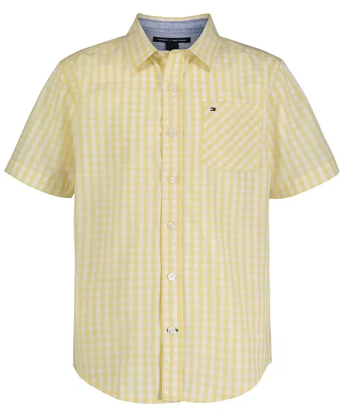 Tommy Hilfiger Short Sleeve Gingham Plaid Shirt Big Boys XL 18-20 Lemonade/White