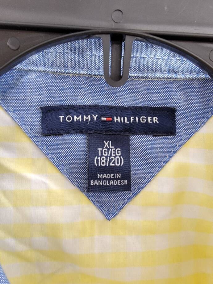 Tommy Hilfiger Short Sleeve Gingham Plaid Shirt Big Boys XL 18-20 Lemonade/White