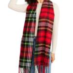 Steve Madden Tartan Plaid Scarf with Fringe Detail Women's OS Christmas Red