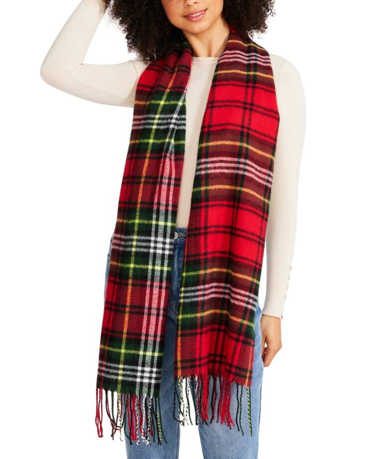 Steve Madden Tartan Plaid Scarf with Fringe Detail Women's OS Christmas Red