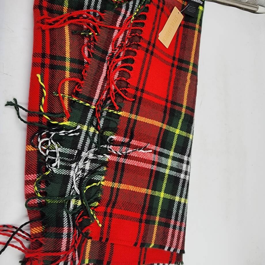 Steve Madden Tartan Plaid Scarf with Fringe Detail Women's OS Christmas Red