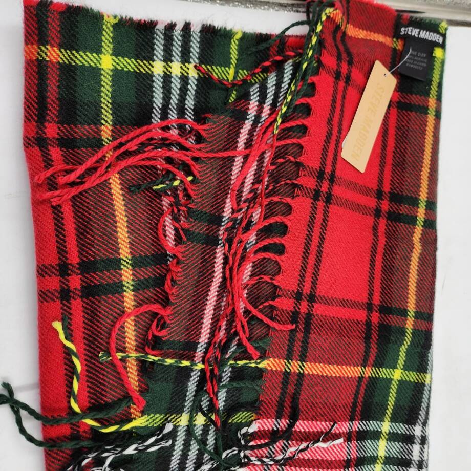 Steve Madden Tartan Plaid Scarf with Fringe Detail Women's OS Christmas Red