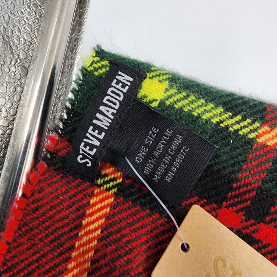 Steve Madden Tartan Plaid Scarf with Fringe Detail Women's OS Christmas Red