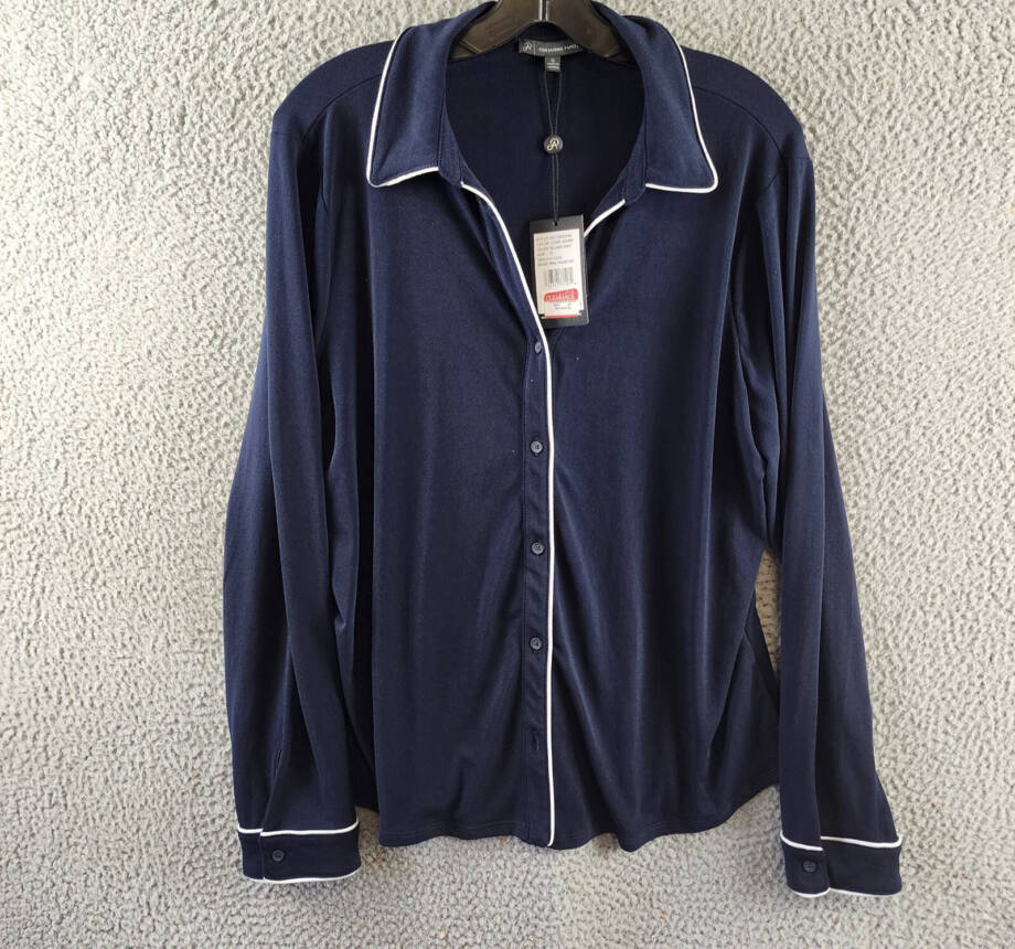 Adrianna Papell Contrast Piping Pajama Top Women's XL Blue Midnight/White L/S