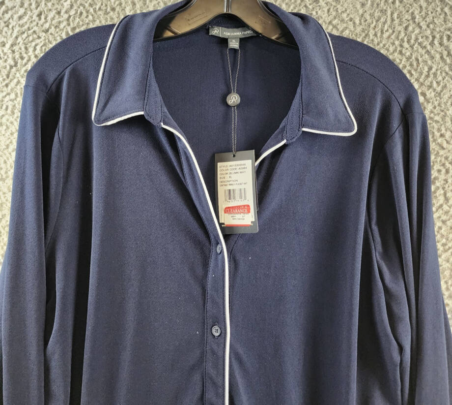 Adrianna Papell Contrast Piping Pajama Top Women's XL Blue Midnight/White L/S