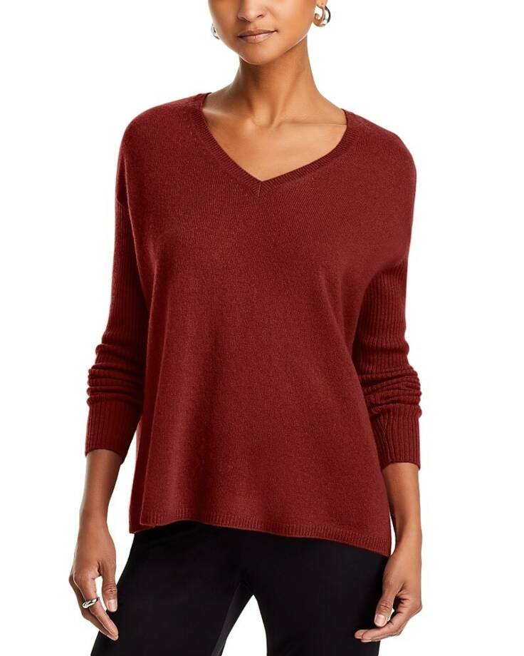 C by Bloomingdale's Cashmere V-Neck Rib Cashmere Sweater Women's XL Dark Sienna
