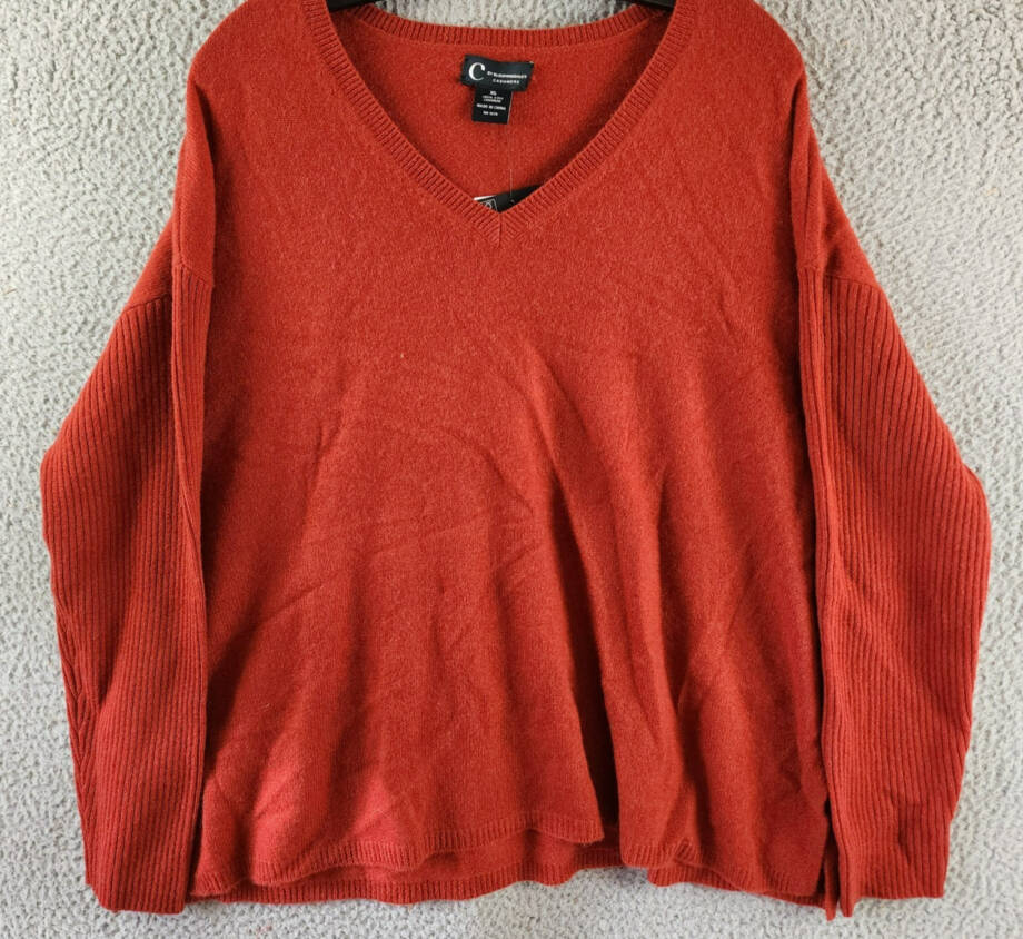C by Bloomingdale's Cashmere V-Neck Rib Cashmere Sweater Women's XL Dark Sienna