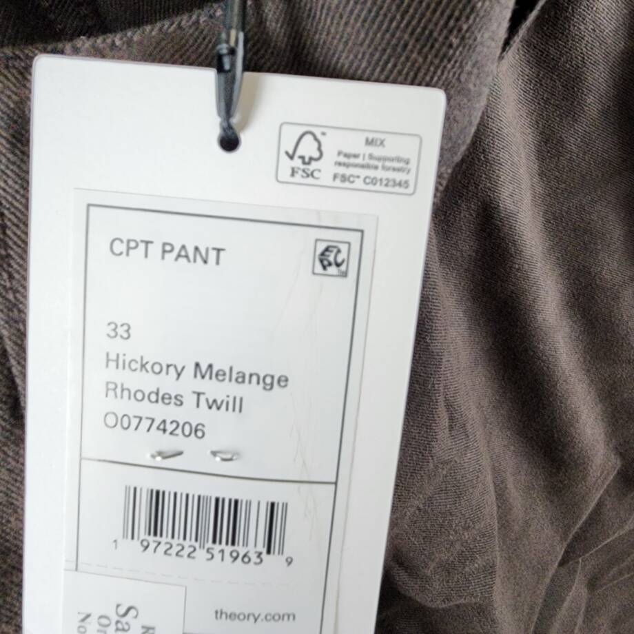 Theory Carpenter Pants Men's 33 Hickory Melange Side Pockets Button Zip Closure