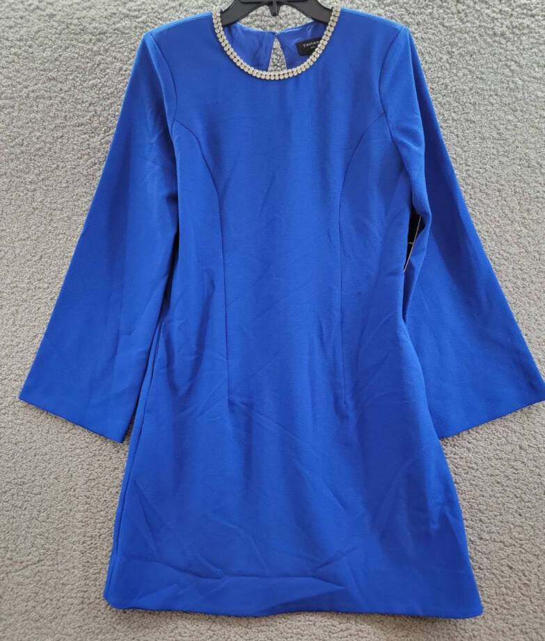 Tahari ASL Rhinestone Trim Shift Dress Women's 6 Cobalt Round Neck Long Sleeves~