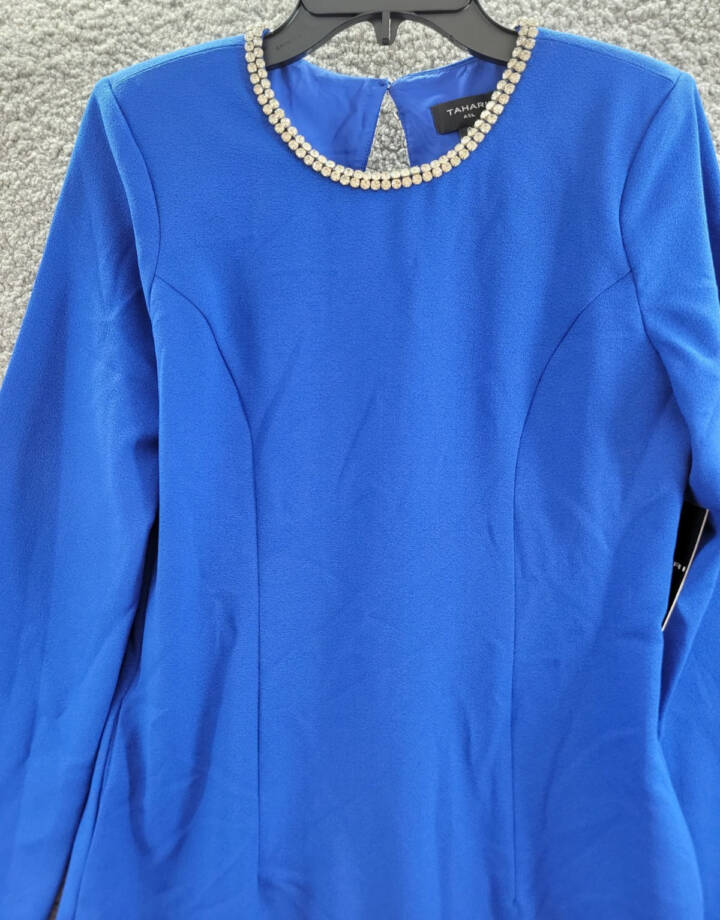 Tahari ASL Rhinestone Trim Shift Dress Women's 6 Cobalt Round Neck Long Sleeves~
