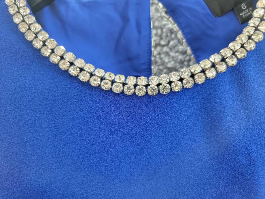 Tahari ASL Rhinestone Trim Shift Dress Women's 6 Cobalt Round Neck Long Sleeves~