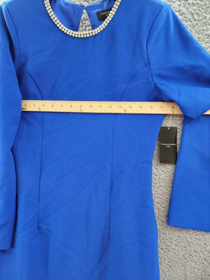 Tahari ASL Rhinestone Trim Shift Dress Women's 6 Cobalt Round Neck Long Sleeves~