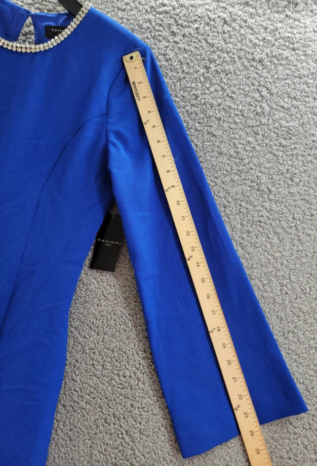Tahari ASL Rhinestone Trim Shift Dress Women's 6 Cobalt Round Neck Long Sleeves~