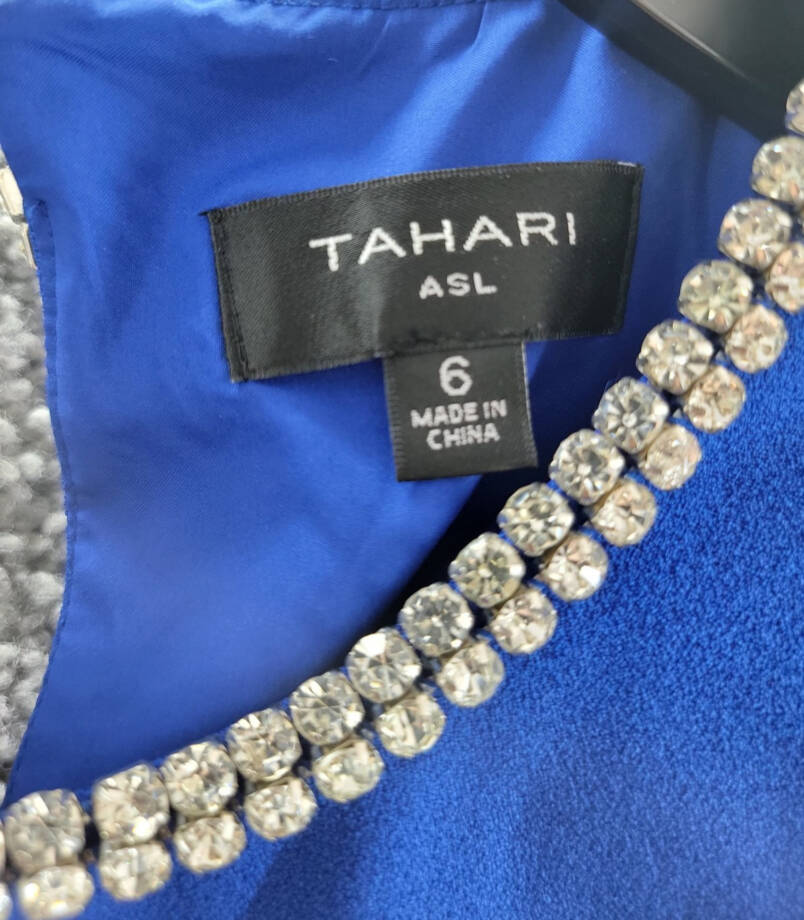 Tahari ASL Rhinestone Trim Shift Dress Women's 6 Cobalt Round Neck Long Sleeves~