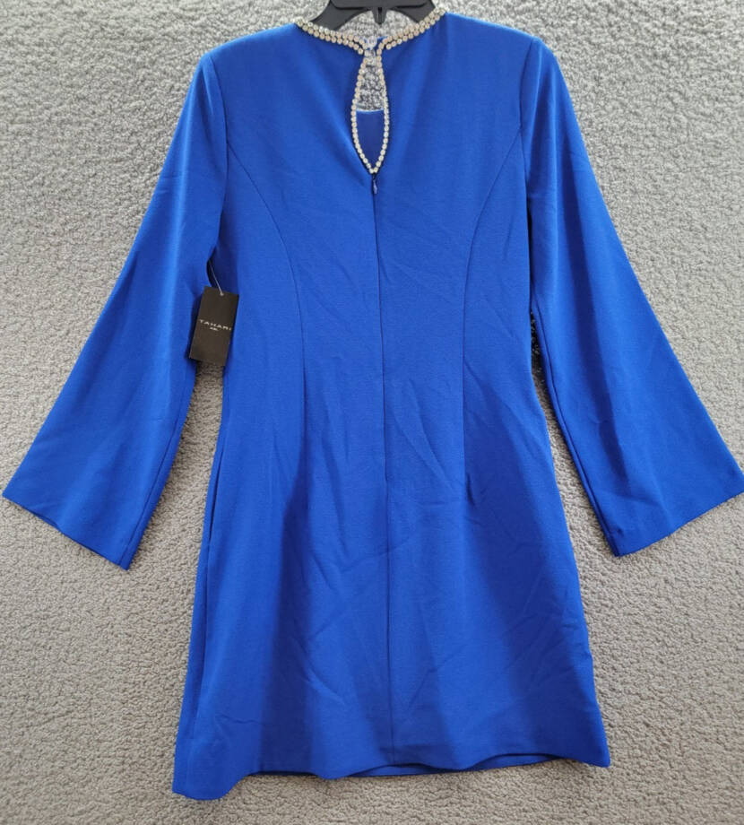 Tahari ASL Rhinestone Trim Shift Dress Women's 6 Cobalt Round Neck Long Sleeves~