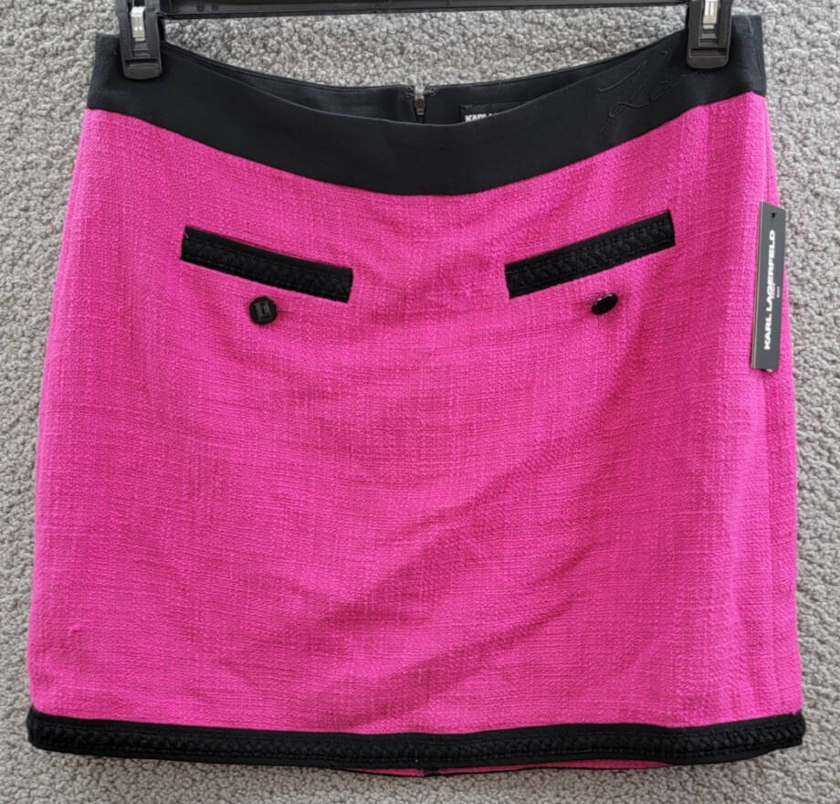 KARL LAGERFELD PARIS Contrast-Trim Mini Skirt Women's 16 Fuchsia/Black Back Zip~