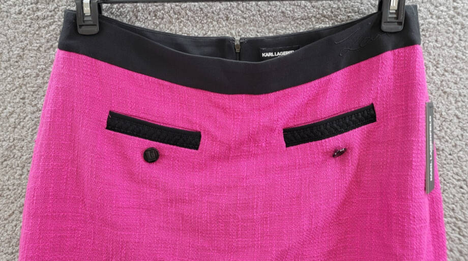 KARL LAGERFELD PARIS Contrast-Trim Mini Skirt Women's 16 Fuchsia/Black Back Zip~