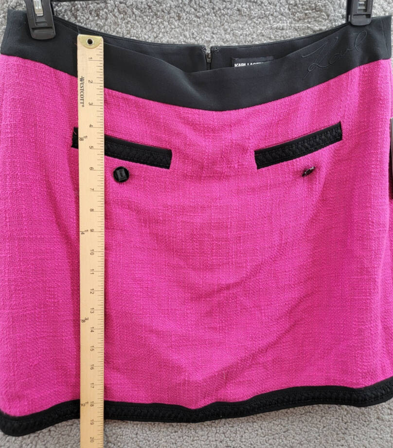 KARL LAGERFELD PARIS Contrast-Trim Mini Skirt Women's 16 Fuchsia/Black Back Zip~