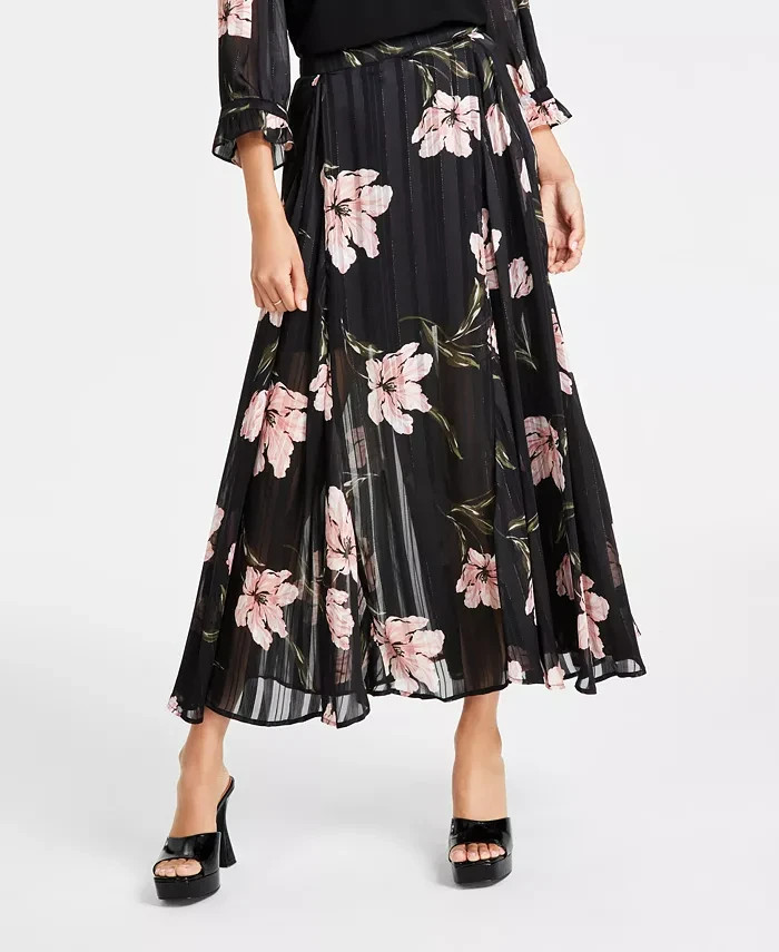 CeCe Pleated Floral Print Maxi Skirt Women's XL Black Multi Side Zip Closure