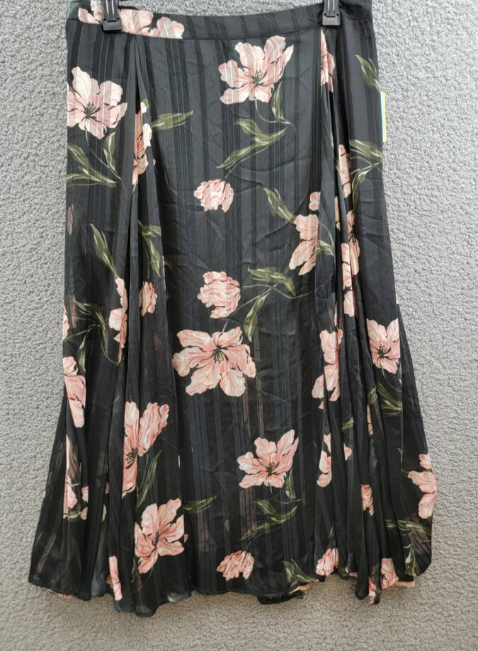 CeCe Pleated Floral Print Maxi Skirt Women's XL Black Multi Side Zip Closure